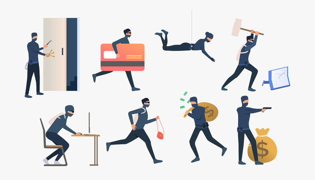 Set Of Criminals Robbing Flats. Car Burglary, Thieves, Criminals Wearing Black Clothes. Crime Concept. Vector Illustration For Webpage, Landing Page