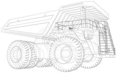 Dump truck. Vector rendering of 3d. Wire-frame style. The layers of visible and invisible lines are separated.