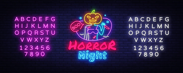 Halloween Neon sign Vector. Horror Night neon poster, design template, modern trend design, night signboard, night bright advertising, light banner, light art. Vector. Editing text neon sign