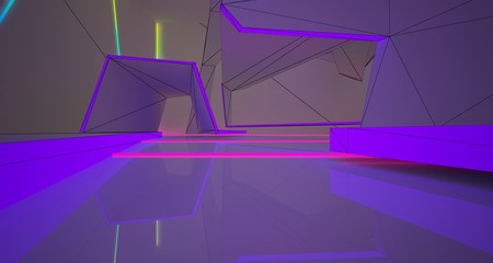 Abstract architectural drawing white interior of a minimalist house with color gradient neon lighting. 3D illustration and rendering.