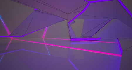 Abstract architectural drawing white interior of a minimalist house with color gradient neon lighting. 3D illustration and rendering.