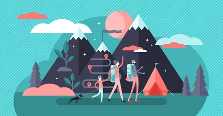 Rollo Family camping vector illustration. Flat tiny exploration persons concept. © VectorMine