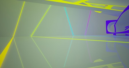 Abstract architectural white interior of a minimalist house with color gradient neon lighting. 3D illustration and rendering.