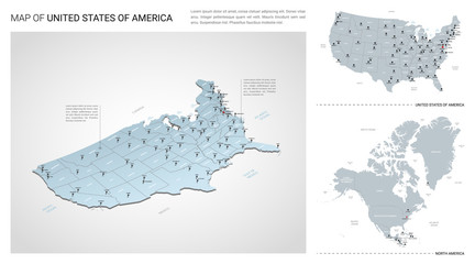 Vector set of United States of America  country.  Isometric 3d map, United States of America  map, North America map - with region, state names and city names. - obrazy, fototapety, plakaty
