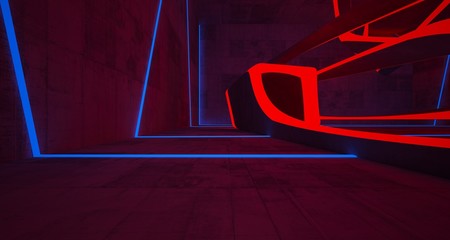 Abstract architectural concrete smooth interior of a minimalist house with color gradient neon lighting. 3D illustration and rendering.