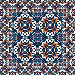 Azulejos ceramic tile design. Talavera tracery motif. Unique creative endless fill swatch. Portuguese, Spanish, Mexican, Brazilian folklore ornament. Ethnic style vector hand drawn seamless pattern.
