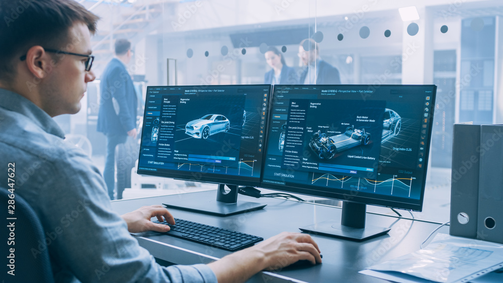 Leinwandbilder professional engineer works on a computer with a 3d cad software and tests the electric car chassis 