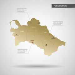 Stylized vector Turkmenistan map.  Infographic 3d gold map illustration with cities, borders, capital, administrative divisions and pointer marks, shadow; gradient background. 
