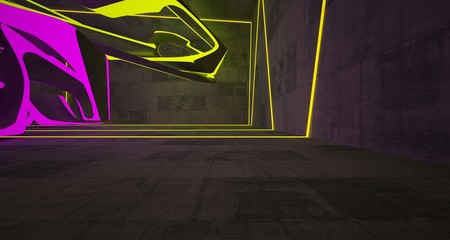 Abstract architectural concrete smooth interior of a minimalist house with color gradient neon lighting. 3D illustration and rendering.