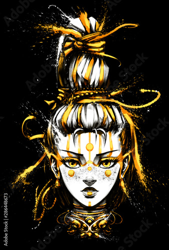 A Young Shaman Girl With Long Thick Hair In A Braid And Gold