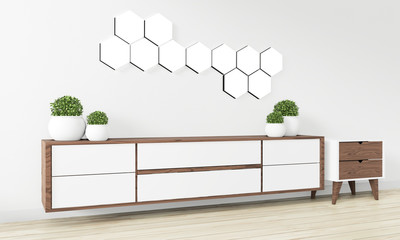 Hexagon tile lamp on wall and wooden cabinet minimal design.3D rendering