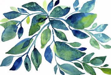 Watercolor blue and green abstract leaves on white background. Creative hand-drawn clip art for wedding, celebratiom, wallpaper, wrapping, card