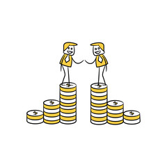 businessman sitting on money and shake hands ,finance concept stick figure design