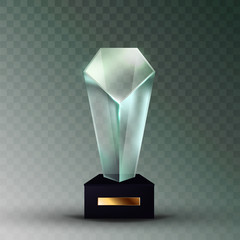 Blank Glass Trophy Prize In Crystal Shape Vector. Glossy Trophy On Black Plastic Pedestal With Empty Golden Rectangular Nameplate. Reward For Championship Winner Template Realistic 3d Illustration