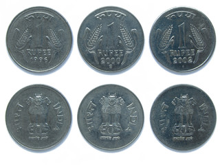 Set of 3 (three) Indian 1 Rupee different years stainless steel coins lot 1996, 2000, 2002 year, India. The coins feature a wheat ears, the State Emblem of India, Lion Capital of Ashoka at Sarnath.