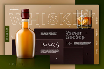 Vector realistic 3d whiskey bottle and glass on modern site template with typographic background. Mock-up for product package branding.