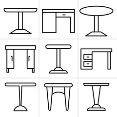 desk, table and chair icons set, line design