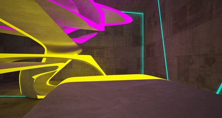 Abstract architectural concrete smooth interior of a minimalist house with color gradient neon lighting. 3D illustration and rendering.