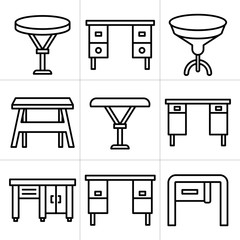 desk, table and chair icons set, line design