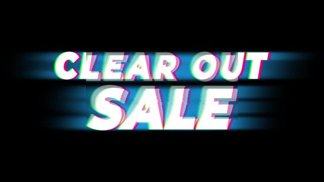 Clear Out Sale Text Glitch Effect Promotion Advertisement Loop Background. Price Tag, Sale, Discounts, Deals, Special Offers, Green Screen and Alpha Matte
