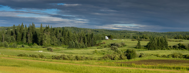 paisaje rural en Edson Alberta Canada, con una pequeña casa de campo, en medio del bosque en un día lluvioso de verano con nubes llenas de agua, un cielo azul intenso .