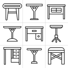 desk, table and chair icons set, line design