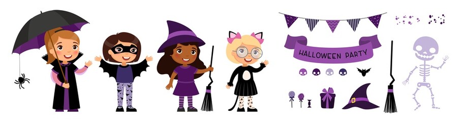 Children in spooky monsters costumes flat vector illustrations set. Halloween party decorations pack. Trick or treat october holiday tradition. Broom, hat and skeleton cartoon stickers pack