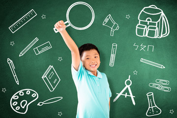 kid standing against chalkboard with education  concept