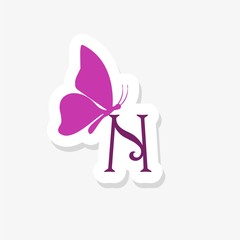Letter N with butterfly silhouette sticker icon