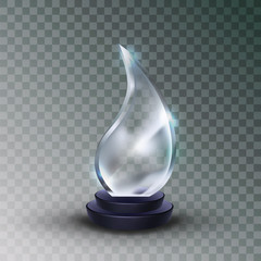 Shiny Glass Trophy Award In Water Drop Form Vector. Concept Of Glossy Blank Trophy On Plastic Pedestal. Empty Premium Prize Reward For Important Person Mockup Realistic 3d Illustration