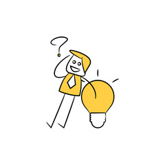businessman thinking and light bulb idea yellow stick figure