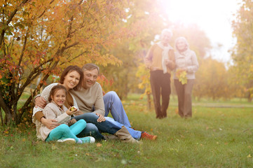 Fototapeta premium Portrait of big family resting on picnic in autumn park