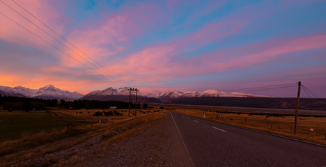 Panoramic view  in the morning with a long road  to Mount Cook National Park, South Island, New Zealand