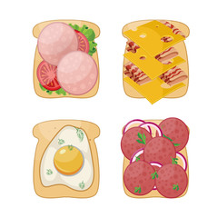 Flat vector set of sandwiches with different ingredients. Sandwich ham and tomato, cheese and bacon, egg and dill, salami and onion on toast. Vector.