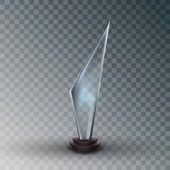 Shiny Glass Trophy Award In Metallic Frame Vector. Concept Of Competitive Glossy Blank Trophy On Plastic Pedestal. Premium Prize For Champion On Competition Mockup Realistic 3d Illustration