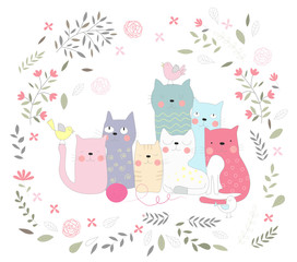 Cute vector illustration of baby cat and flower. Hand drawn animal cartoon style