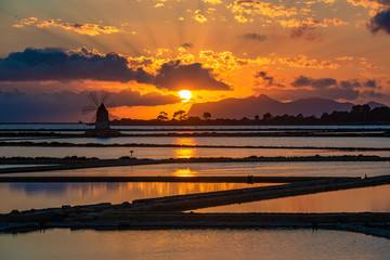 Marsala salt pans at sunset, Sicily, Italy