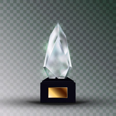 Shiny Glass Trophy Award In Crystal Form Vector. Glossy Trophy On Black Plastic Stand With Blank Golden Nameplate. Prize For First Place On Sport Competition Template Realistic 3d Illustration