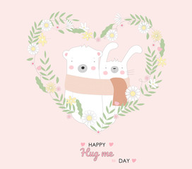 Cute vector illustration of baby rabbit and bear character animal cartoon hand drawn style