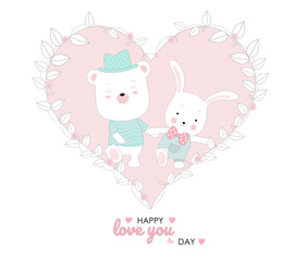 Cute vector illustration of baby rabbit and piggy character animal cartoon hand drawn style