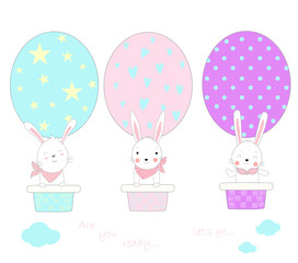 The cute baby rabbit with egg shape balloon air. Hand drawn cartoon style