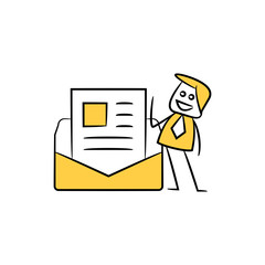 businessman standing next to mail and document yellow stick figure design