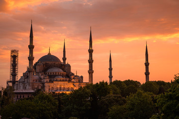 Fototapeta na wymiar Beautiful Blue mosque with foreground and sunset