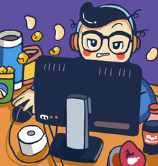 Staying up late, staying up all night, playing games, computers, video games, otaku, addiction, obsession, devotion, concentration, dormitory, young people, illustration, playing computer, Internet ca