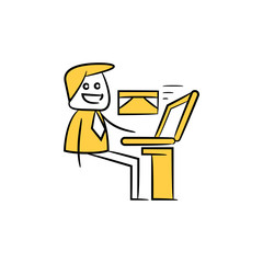 businessman receiving email from laptop yellow stick figure design