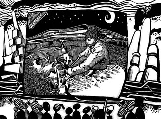 Obraz premium Illustration, art, printmaking, line drawing, boys, spectators, wilderness, spectators, pollution, environmental protection, environment,