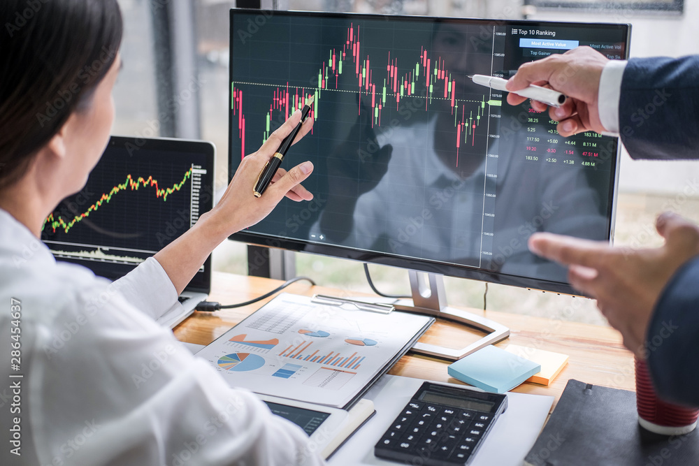 Poster business team investment working with computer, planning and analyzing graph stock market trading wi