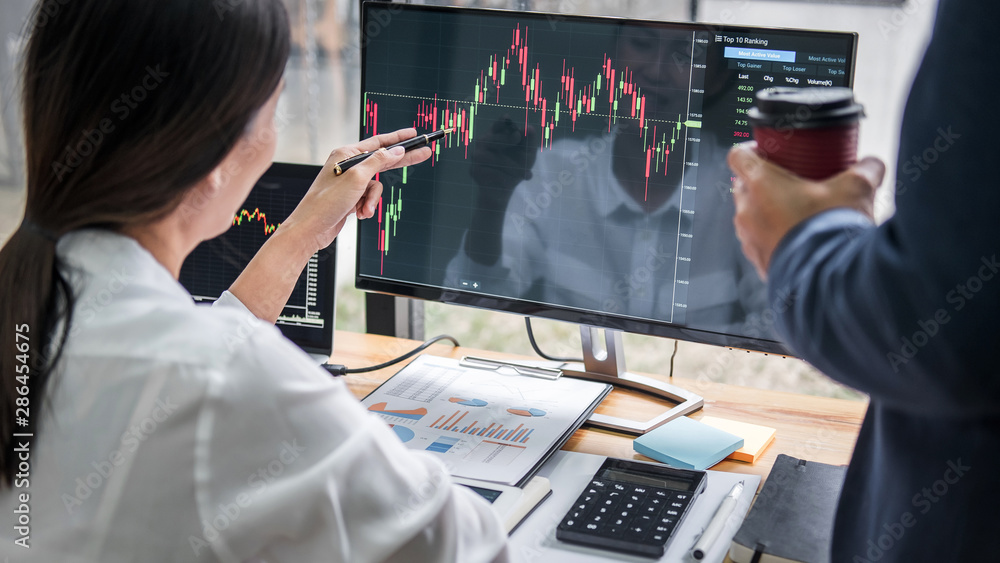 Poster business team investment working with computer, planning and analyzing graph stock market trading wi