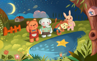 Forest, small animals, night, lotus pond, bear, monkey, elephant, rabbit, child, kindergarten, children's fun, fairy tale, interesting, toys, cute, cartoon, illustration,