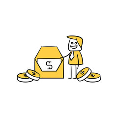 businessman and salary mail and dollar coins stick figure theme